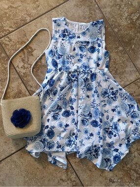 Girls Blue Floral Dress with matching Purse